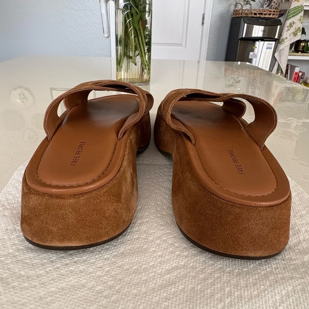 Free People Asbury Camel Brown Criss Cross Suede Platform Slide Sandals